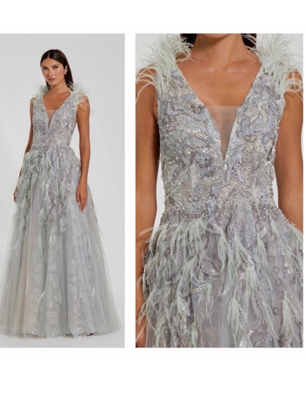 NWT NEVER WORN - Mac Duggal Seamist Green Feathered Embellished Dress - Picture 1 of 12